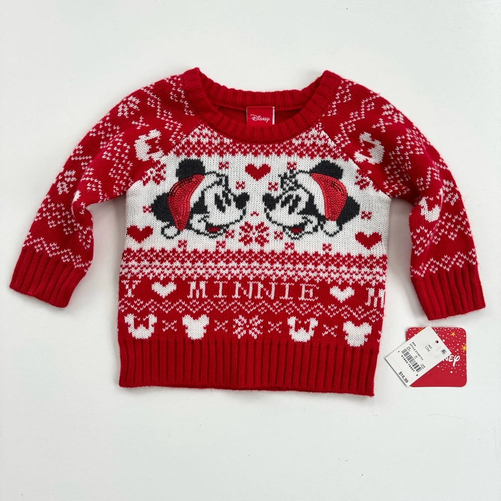 Disney Mickey Minnie Mouse Long Sleeve Christmas Knit Sweater Red Baby Sz 12M